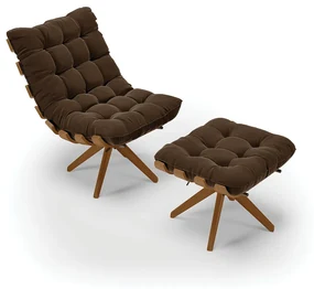 Poltrona com Puff Giratório Costela Suede Base de Madeira MA30 M11 - D'Rossi - Marrom