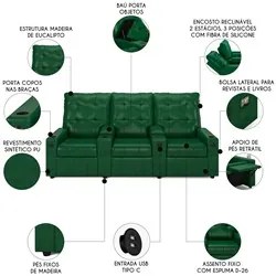 Poltrona de Cinema Reclinável 3 Lugares Baú USB Mallie FH9 PU Verde Mu