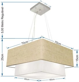 Lustre Pendente Duplo Quadrado Vivare Md-4346 Cúpula em Tecido 70x60cm - Bivolt