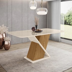 Mesa de Jantar Retangular Veida 160 cm Nature e Off White com Tampo de Vidro Canto Reto - D'Rossi