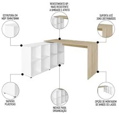 Mesa Escrivaninha em L Eron e Estante Livreiro Stela A06 Branco/Carval