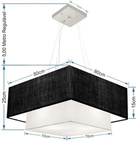 Lustre Pendente Duplo Quadrado Vivare Md-4347 Cúpula em Tecido 80x70cm - Bivolt