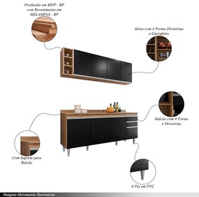 Conjunto Balcão de Cozinha com Tampo Apex Armário Aéreo MDP/BP Freijó/Preto G96 - Gran Belo