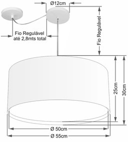 Lustre Pendente Cilíndrico Com Desvio Md-4316 Cúpula em Tecido 55x30cm Algodão Crú - Bivolt