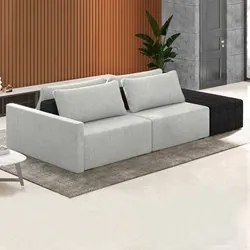 Sofá Ilha Modular Living com Puff 232cm Georgia K04 Linho Cinza/Preto