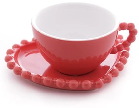 Jogo 4 Xícaras Chá Porcelana Com Pires Coração Beads Vermelho 210ml 17871 Wolff