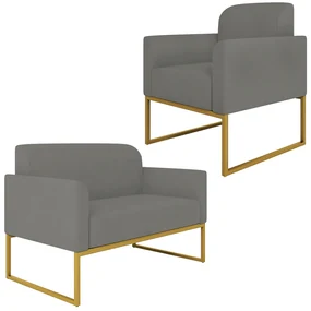 Conjunto Namoradeira e Poltrona Decorativa Isabella Base Industrial Suede Grafite/Dourado G19 - Gran Belo