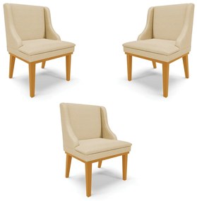 Kit 3 Cadeiras Decorativas Sala de Jantar Base Fixa de Madeira Firenze Veludo OffWhite Luxo/Castanho G19 - Gran Belo