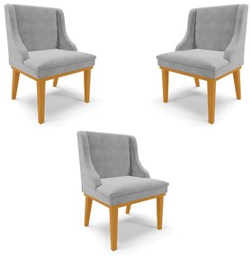 Kit 3 Cadeiras Decorativas Sala de Jantar Base Fixa de Madeira Firenze Suede Cinza/Castanho G19 - Gran Belo