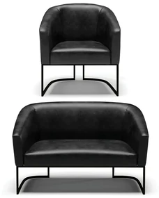 Sofá Namoradeira e Poltrona Base Industrial Preto Stella Sintético PU D03 - D'Rossi - Preto