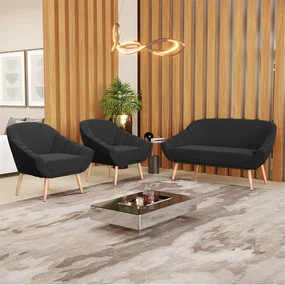 Kit 01 Namoradeira 02 Lugares e 02 Poltronas Giovana Suede Preto Pés Palito Natural - D'Rossi