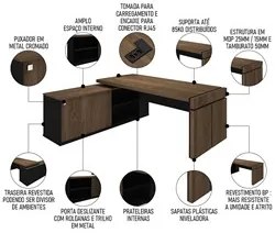 Mesa Escritório em L e Balcão 2 Portas 3 Gavetas Corp A06 Charuto/Pret