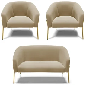 Namoradeira e 2 Poltronas Pé de Ferro Dourado Stella Suede Marrom Rato D03 - D'Rossi