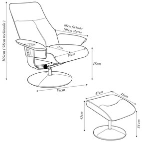 Kit 2 Poltronas de Massagem Reclinável e Giratória Arizona com Apoio de Pés Pu Fendi G56 - Gran Belo