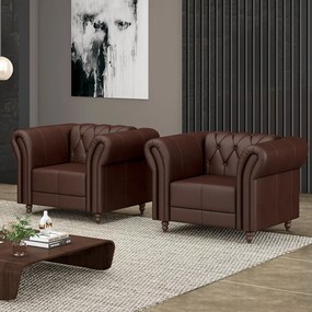 Kit 2 Poltronas Decorativas Sala de Estar Stanford Chesterfield Pés de Madeira Couro Marrom Brilho G58 - Gran Belo