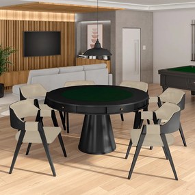 Conjunto Mesa de Jogos Carteado Bellagio Tampo Reversível e 6 Cadeiras Madeira Poker Base Cone PU Bege/Preto G42 - Gran Belo