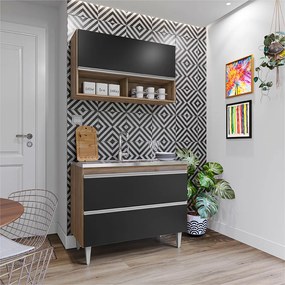 Conjunto Balcão de Cozinha Armário Aéreo Wollo MDP/BP Freijó/Preto G96 - Gran Belo