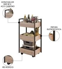 Carrinho Gourmet de Apoio Industrial 3 Prateleiras Liss M24 Freijó/Pre