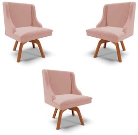Kit 3 Cadeiras Decorativas Sala de Jantar Base Giratória de Madeira Firenze Veludo Rosê/Natural G19 - Gran Belo