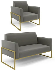 Sofá Namoradeira com Poltrona Base Industrial Alta Dourado Marisa Suede Grafite D03 - D'Rossi