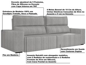 Sofá Retrátil 254 cm Sala de Estar Leonel Suede Cinza G52 - Gran Belo