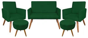 Kit 01 Namoradeira com 02 Poltronas e 02 Puffs Larissa Suede Verde Pés Palito Castanho D'Rossi