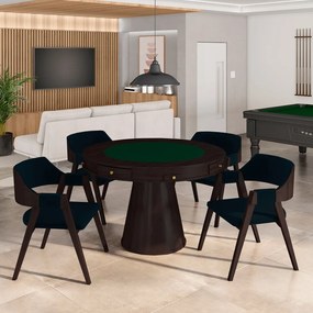 Conjunto Mesa de Jogos Carteado Bellagio Tampo Reversível e 4 Cadeiras Madeira Poker Base Cone Veludo Azul Marinho/Tabaco G42 - Gran Belo