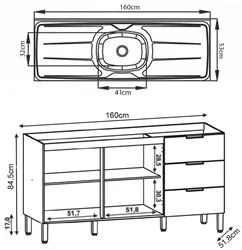 Balcão Gabinete com Pia Inox 160cm Charm K02 Freijó - Mpozenato