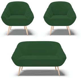 Kit 01 Namoradeira 02 Lugares e 02 Poltronas Giovana Veludo Pés Palito Natural - D'Rossi - Verde