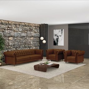 Conjunto Sala de Estar 1 Sofá Living 200cm e 2 Poltronas Stanford Chesterfield Pés Madeira Couro Marrom Manchado G58 - Gran Belo