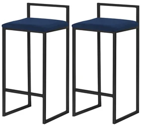 Kit 2 Banquetas Decorativa Jasmine Base Preto Veludo Azul G41 - Gran Belo