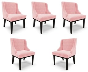 Kit 5 Cadeiras Decorativas Sala de Jantar Base Fixa de Madeira Firenze Suede Rosa Bebê/Preto G19 - Gran Belo
