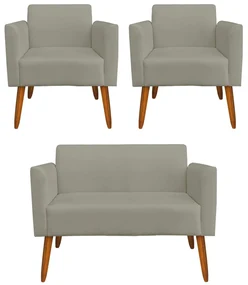 Conjunto Namoradeira e 2 Poltronas Decorativas Isabella Pés Palito Madeira Suede Nude G19 - Gran Belo