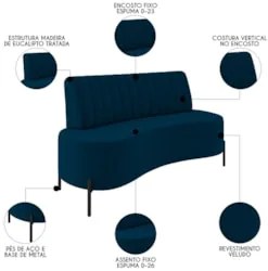 Sofá 2 Lugares 135cm Pés Aço Preto Tamar K04 Veludo Azul - Mpozenato