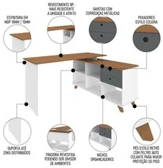 Mesa Escrivaninha em L 2 Gavetas e Nichos Golden A06 Freijó/Grafito/Br