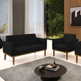 Conjunto Poltrona e Namoradeira Decorativa Isabella Pés Fixo em Madeira Preto Linho Preto G19 - Gran Belo