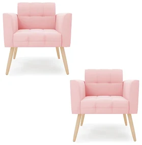 Kit 2 Poltronas Elisa Suede Rosa Bebê Pés Palito Natural - D'Rossi