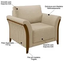 Poltrona Decorativa Sala de Estar 102cm Pés Madeira Roya M22 Linho Beg