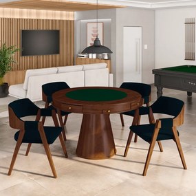 Conjunto Mesa de Jogos Carteado Bellagio Tampo Reversível e 4 Cadeiras Madeira Poker Base Cone Veludo Azul Marinho/Imbuia G42 - Gran Belo