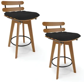 kit 02 Banquetas Giratória Costela Veludo Preto Base Madeira MA70 - D'Rossi