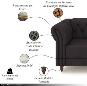 Sofá Living Sala de Estar Stanford Chesterfield 3 Lugares 240cm Pés de Madeira Couro Borgonha G58 - Gran Belo