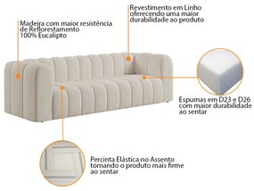 Sofá 3 Lugares 200cm Orgânico Luxo Recepção Giordana Linho - ADJ Decor