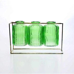 Kit com 3 Vasos de Vidro Verde com Suporte Dourado 13x21 cm - D'Rossi