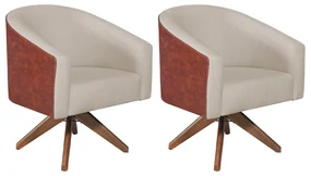 kit 02 Poltronas Luiza Base Giratória de Madeira Sintético Nozes e Linho Bege - ADJ Decor