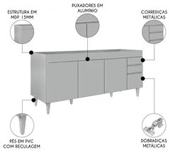 Balcão de Cozinha Para Pia 180cm 4 Portas Sem Tampo Dallas Cinza Claro