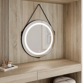 Espelho Camarim Pelle Redondo Touch Iluminação Led Cinto de Couro Estrutura Madeira Design Contemporâneo