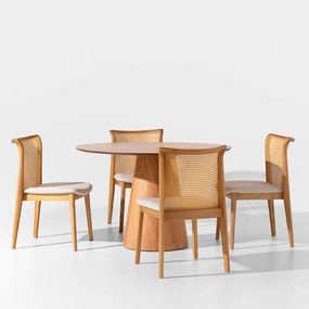 Conjunto Mesa de Jantar Dadi Orgânica Cinamomo - 1,20m + 4 Cadeiras Malai Encosto Palha Natural Linne - Cru