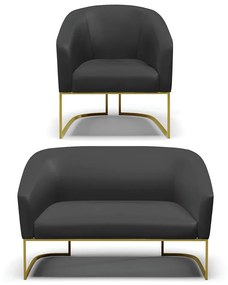 Sofá Namoradeira e Poltrona Base Industrial Dourado Stella Sintético D03 - D'Rossi - Preto