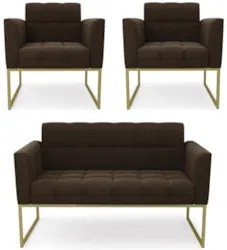 Sofá Namoradeira e 2 Poltronas Base Industrial Dourado Ana Suede Marro