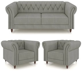 Conjunto Sala de Estar 1 Sofá Living 220cm e 2 Poltronas Stanford Chesterfield Pés Madeira Couro Cinza G58 - Gran Belo